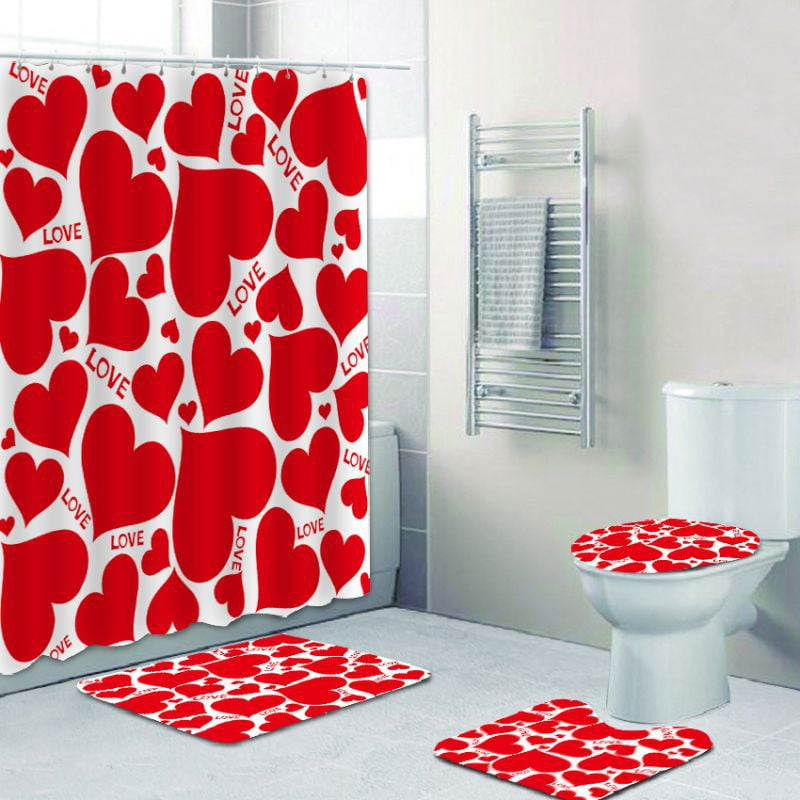 4Pcs Valentine's Day Bathroom Set Bath Mat/Rug/Toilet Lid Cover & Shower Curtain 