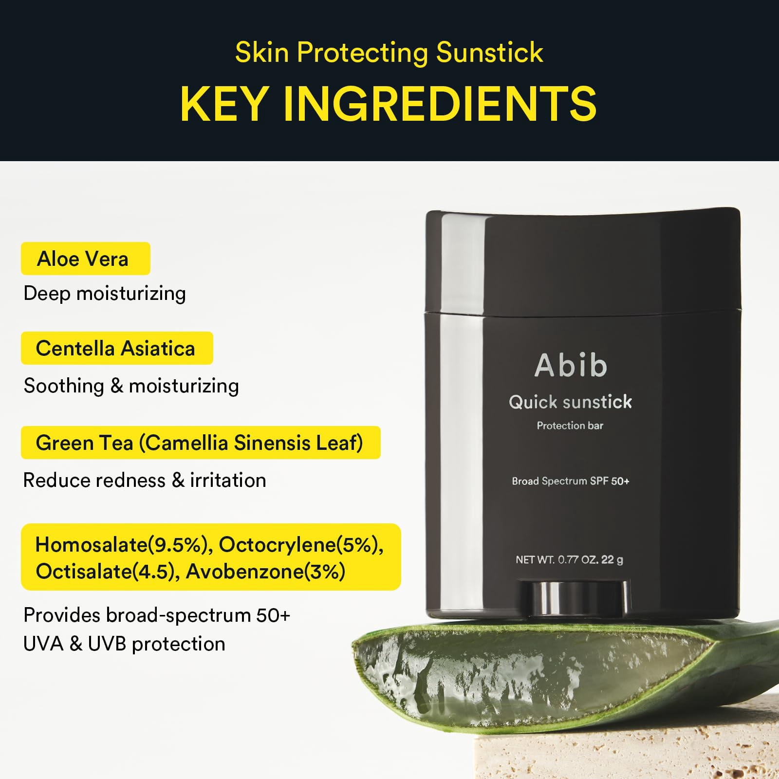 Abib Quick Sunstick Protection Bar SPF50+ 0.77 fl oz / 22 g | Korean Suncreen Stick Suncare Sunblock, No Whitecast, Protector Solar Barra, Centella Asiatica Extract, Aloe Extract, Ceramide NP