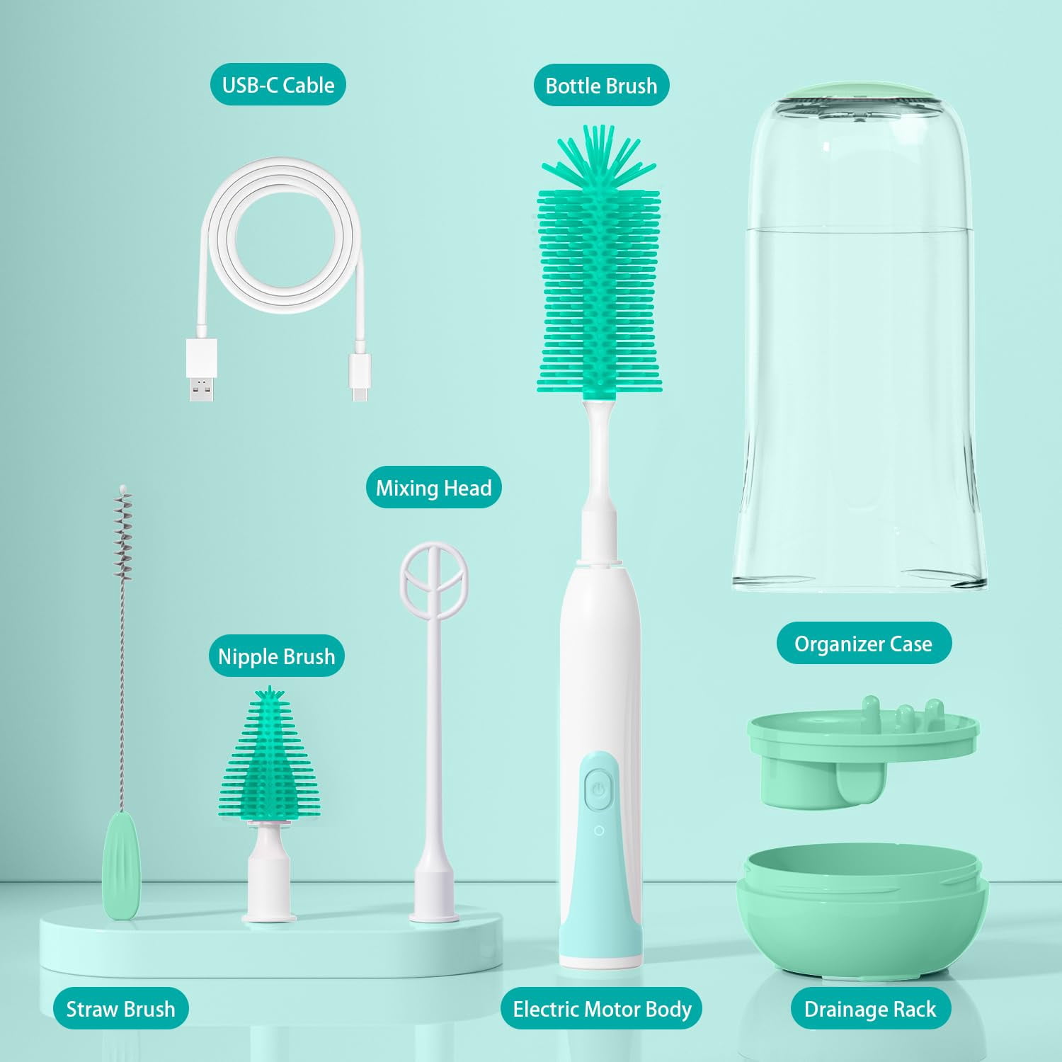 Electric Bottle Brush Cleaner, Portable Rechargable Baby Bottle Brush Kit for Travel with Silicone Nipple & Straw Brush, Drainage Rack, Storage Box, Perfect Essentials Gift for Mom After Birth