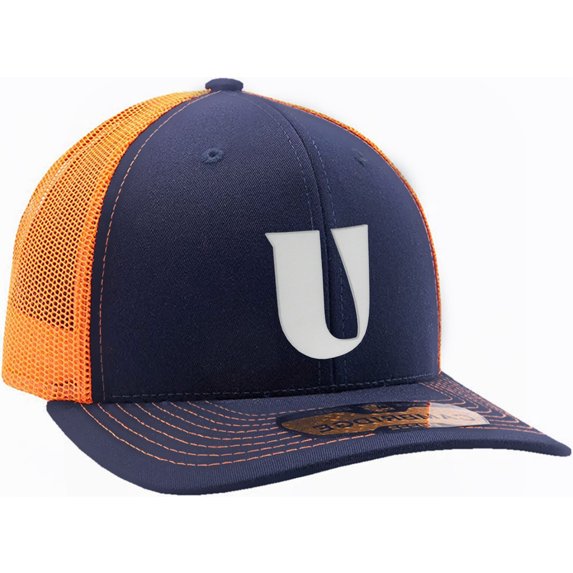 Daxton Baseball Trucker Hat 3D Capital Alphabet Letters Structured Mid Profile Cap, Navy Orange Hat, White Letter U