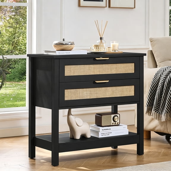 Buildhom 31.5" Rattan Boho Nightstand with 2 Drawers & Open Shelf, 30" Tall Bedside Table for Bedroom, Living Room, Black