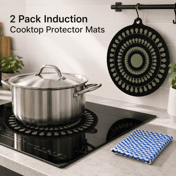 MEYRKLOE 2 Pack 9.5 Inch Silicone Induction Cooktop Mat, Non-Slip Protector with Heat-Color Indicator, Round Stove Top Scratch Cover, Black