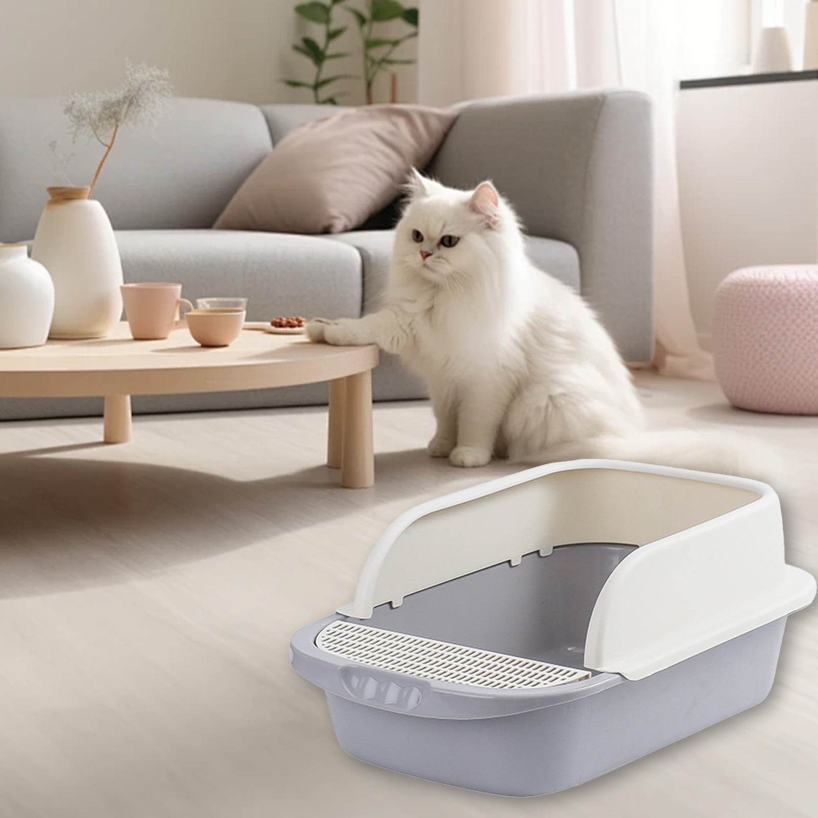 Grey Semi Enclosed Cat Litter Box With High Sides Anti Scatter Includes Scoop Odor Control Easy Clean Plastic 18X12X7 Inch Multiple Colors