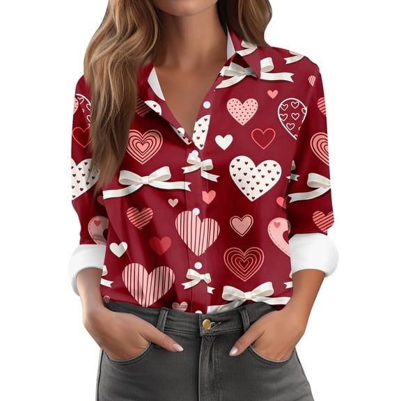 Fgvctg Womens Button Down Shirt Valentine's Day Long Sleeve V Neck Blouses Soft Date Day Love Heart Print Shirts Oversized Collared Business Casual Tops Wine L