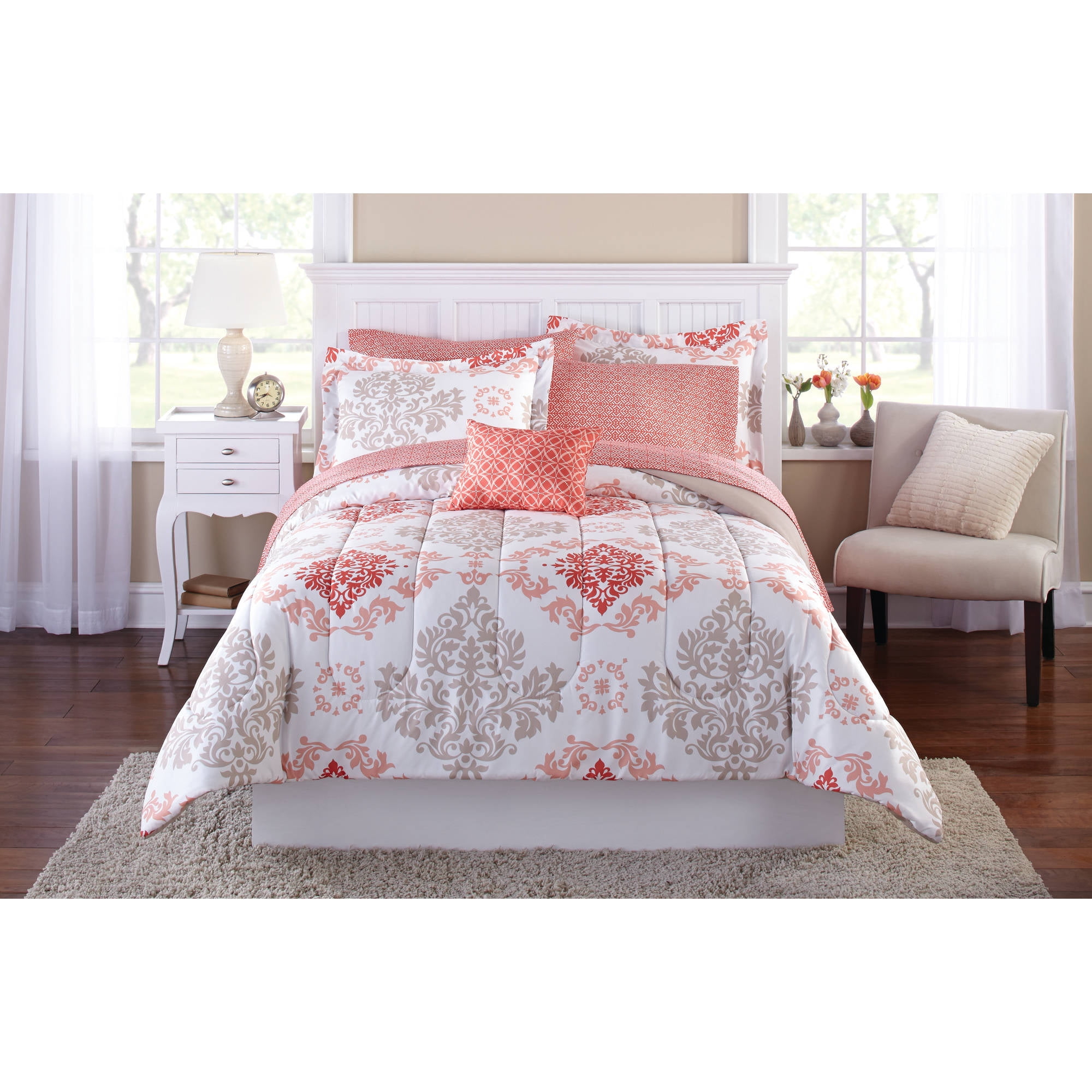 Mainstays Coral Damask Bed In A Bag Bedding Walmart Com