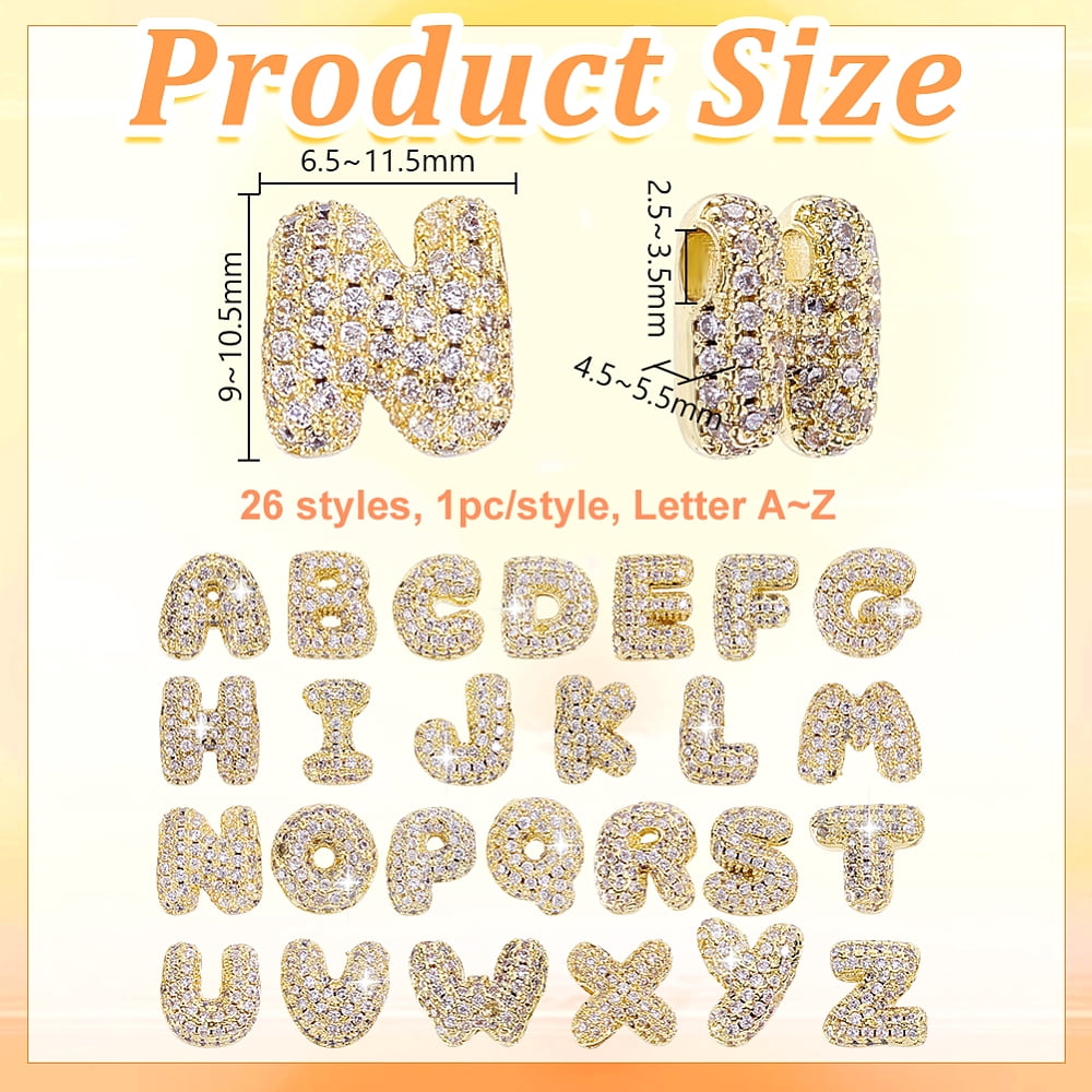 26Pcs 26 Styles Brass Micro Pave Cubic Zirconia Beads Letter Rack Plating Long-Lasting Plated Real 18K Gold Plated Letter A-Z