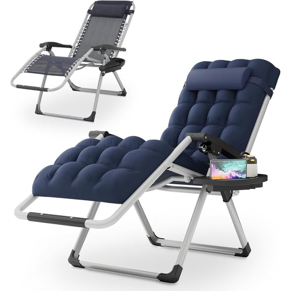Zero Gravity Chair with Cushion, Reclining Outdoor Patio Lounge Chair, Folding Indoor Anti Gravity Recliner, Portable Lounger with Removable Cup Holder Side Tray and Pillow Headrest (Blue)