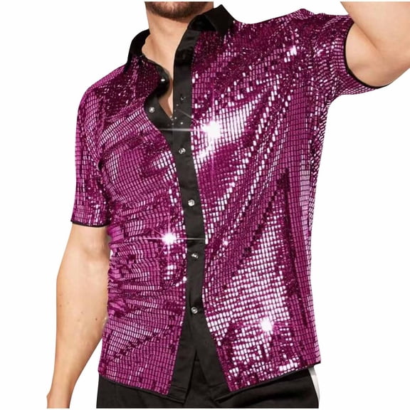 Moxiu Men's 70s Disco Sequin Shirts Short Sleeve Lapel Button Down Metallic Shiny Shirts Breathable Casual Party Night Club Top Purple,S