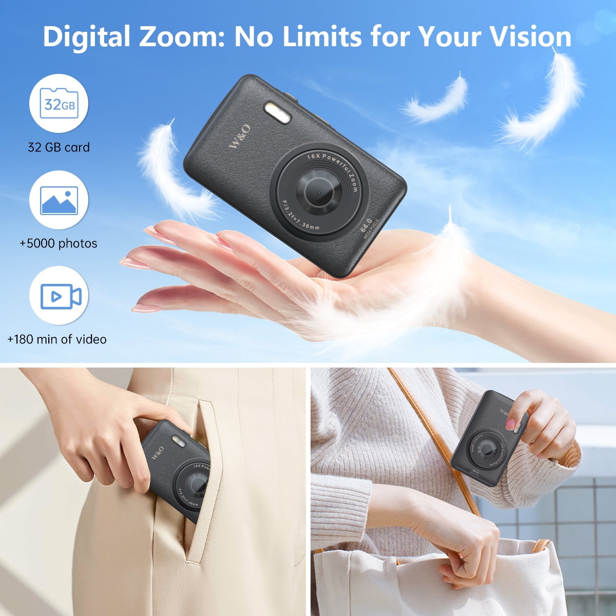 W & O Q3 Portable 16x Digital Zoom 48 MP CCD Point & Shoot Digital Camera with 32GB SD Card, Black