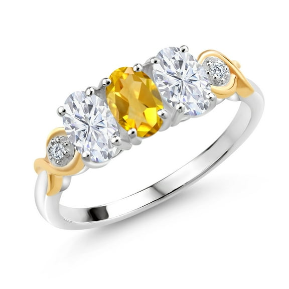 Gem Stone King 925 Silver and 10K Yellow Gold G-H Lab Grown Diamond Women Ring Set with Oval Yellow Citrine and Moissanite (1.47 Cttw, Size 6)