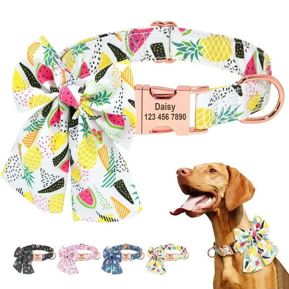 Beirui Bow Tie Floral Personalized Dog Collar Engraved Name ID Tag for Small Medium Large Dogs