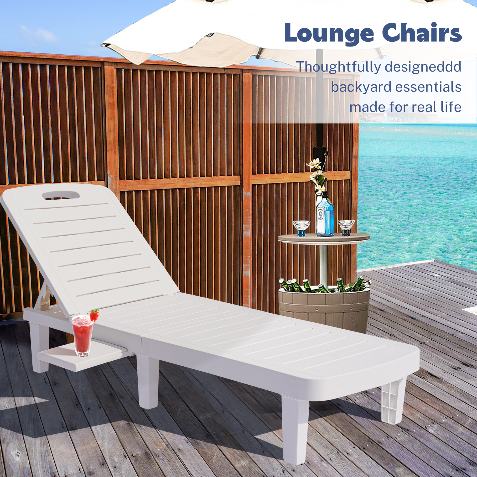 Patio Lounge Reclining, SEGMART Outdoor Rattan Recliner Chair with Side Table, Recliner 5-Position Adjustable for Garden, Pool, Poolside (1, White), SS703 - image 4 of 11