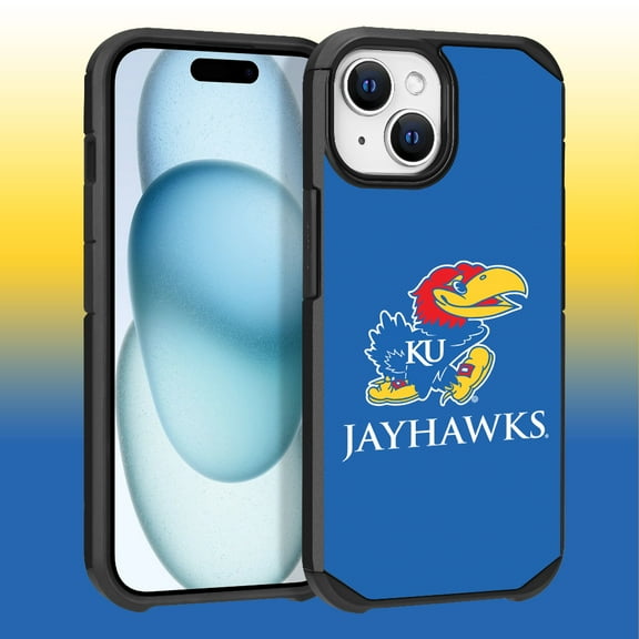 Apple iPhone 15 (6.1) / iPhone 14 (6.1) / iPhone 13 (6.1) - Licensed NCAA University of Kansas Jayhawks logo on Blue Textured Dual Layer Case