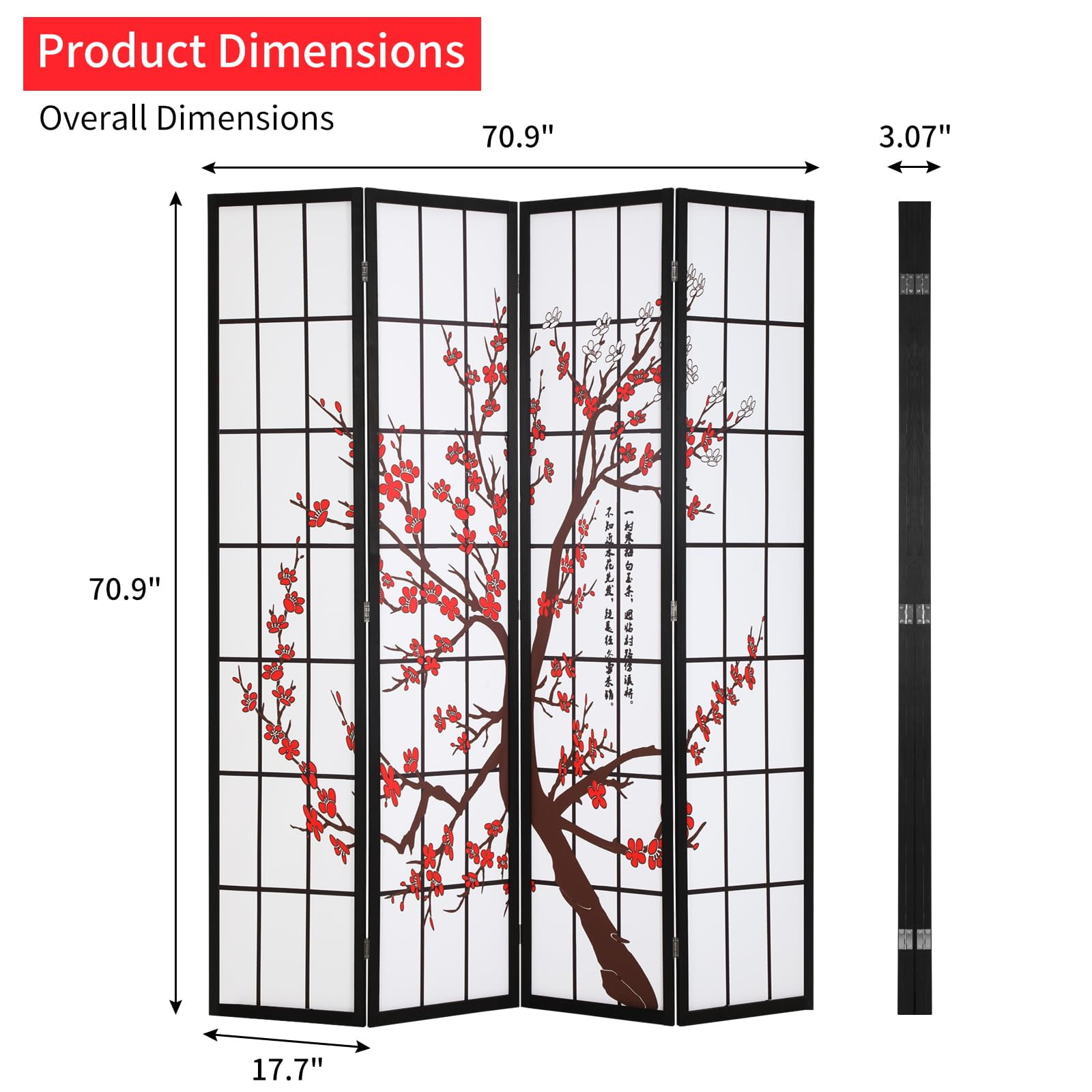 Room Divider 4 Panel Folding Privacy Screen 6Ft Room Partition Shoji Wall Divider Screen Portable Wood Divider for Office, Bedroom, Restaurant, Freestanding