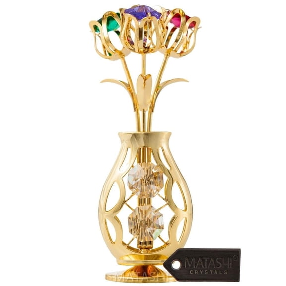 Matashi 24k Gold Plated Flowers Bouquet and Vase w/ Colorful Crystals | 24k Gold-Plated Table Top Decorations | Metal Floral Arrangement | Elegant Home or Office Décor
