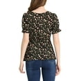 thumbnail image 3 of INSPIRE CHIC Women's Faux Placket Ruffle Hem Puff Sleeve Button Decor Peplum Top S Black, 3 of 5