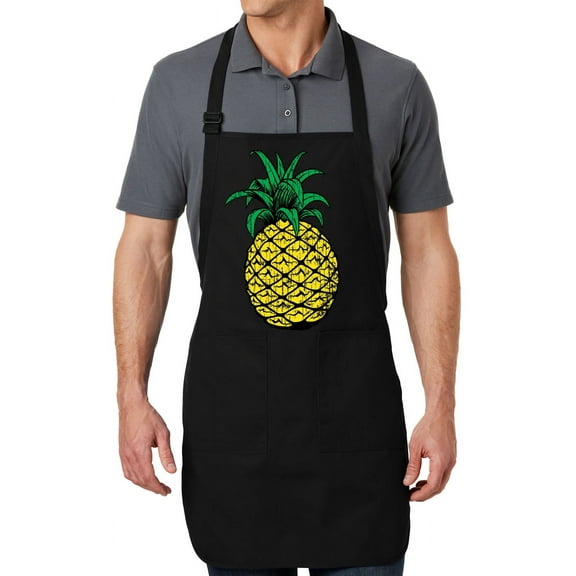Men's Distressed Pineapple Full-Length Apron with Pockets - Black