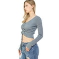 thumbnail image 4 of MixMatchy Women's Long Sleeve Shirring Adjustable Tie Front Ribbed Detail Crop Top, 4 of 6