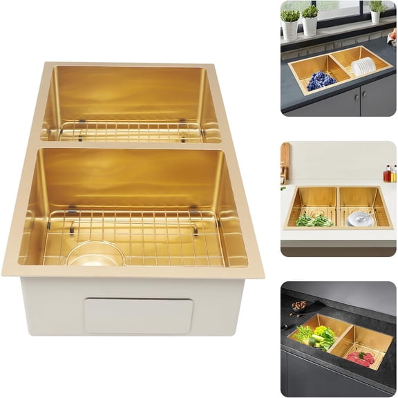 33 In Drop In Kitchen Sink with Drain Racks and Drainer, 33"L x 20"W x 11"H, Stainless Steel Double Bowl Sink, Gold Undermount Kitchen Basin