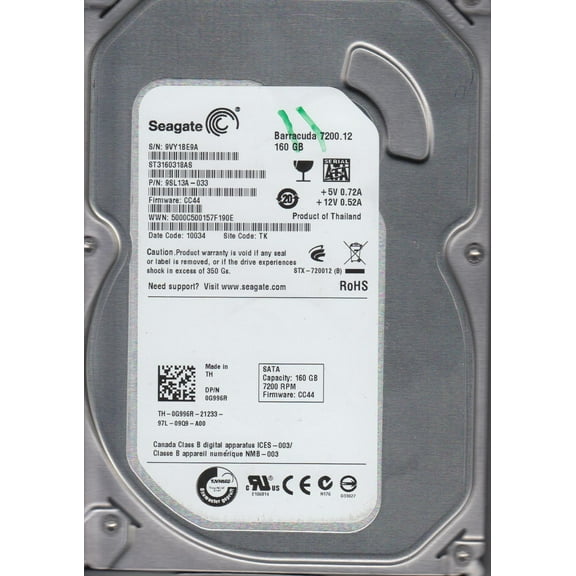 ST3160318AS, 9VY, TK, PN 9SL13A-033, FW CC44, Seagate 160GB SATA 3.5 Hard Drive