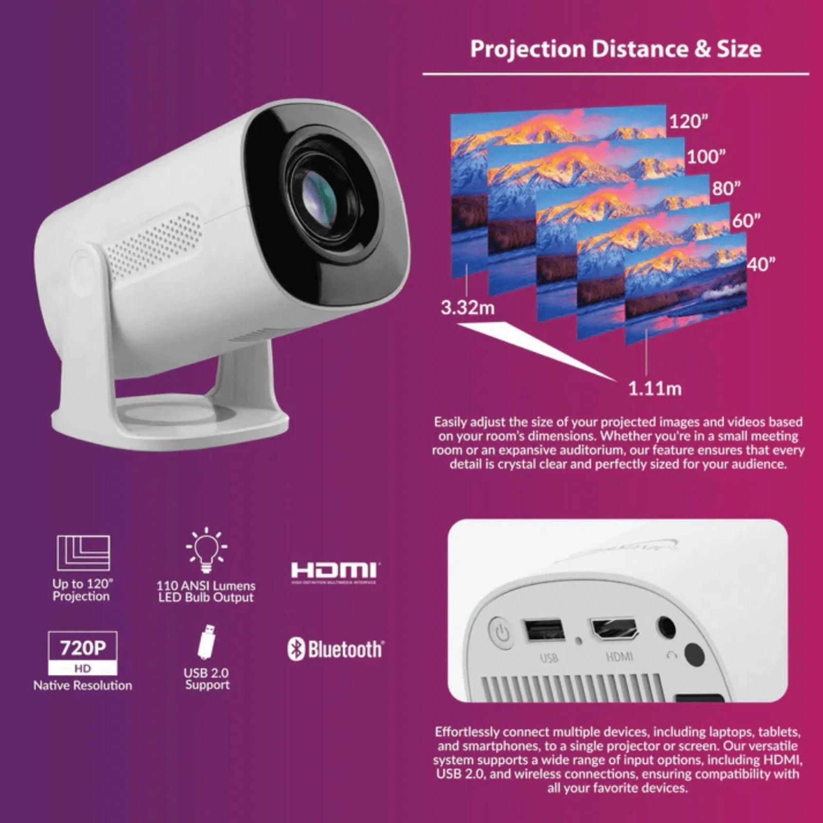 Intelligent WiFi streaming projector, featuring built-in Wi-Fi and Bluetooth 5.3, aurora light effect, mirror projection, suitable for home entertainment and meeting rooms.