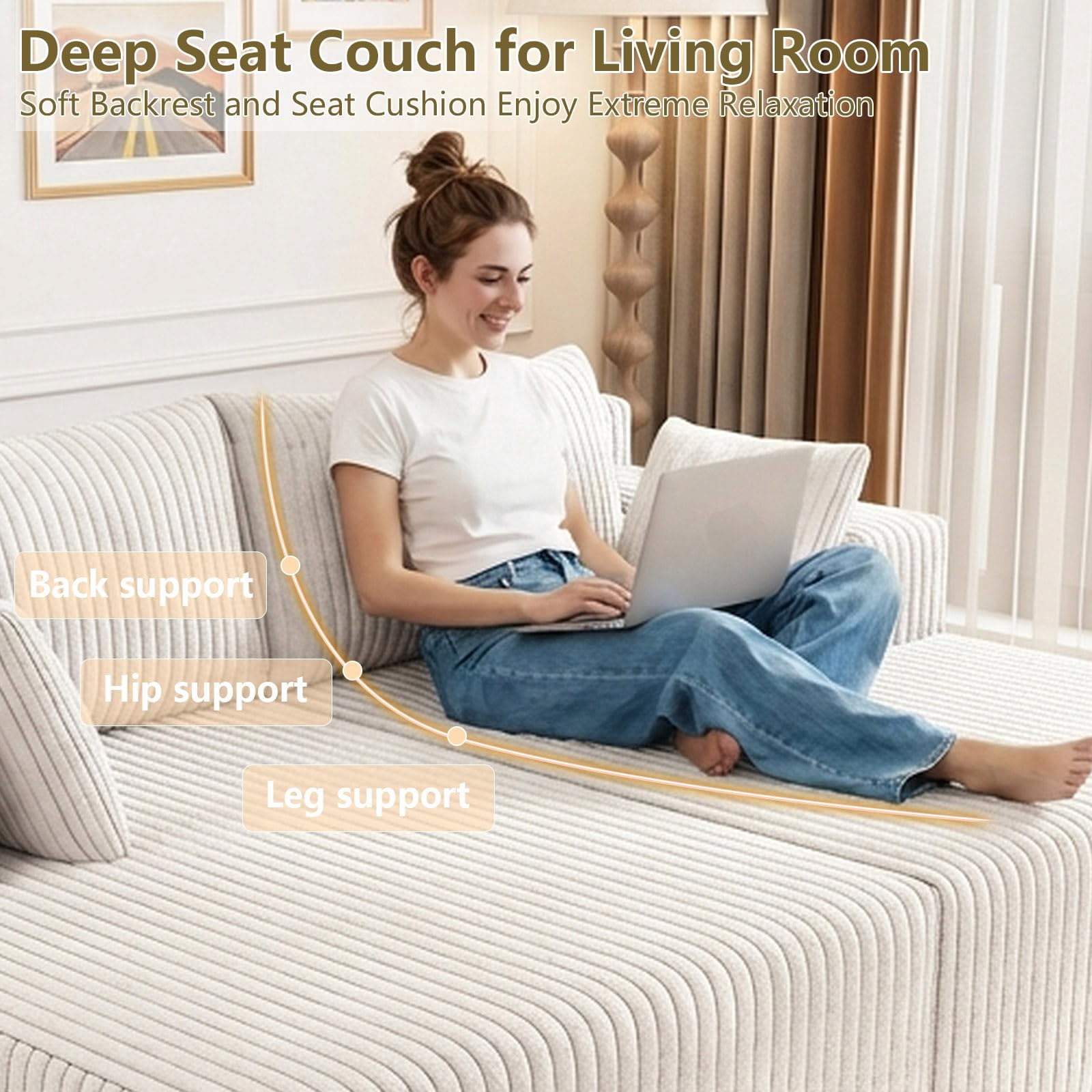 Aukfa 71" Oversized Double Chaise Lounge Indoor, Modular Boneless Cloud Couch Sleeper Loveseat, Deep Seat Corduroy Sofa Bed, No Assembly Required for Living Room Bedroom, Antique White
