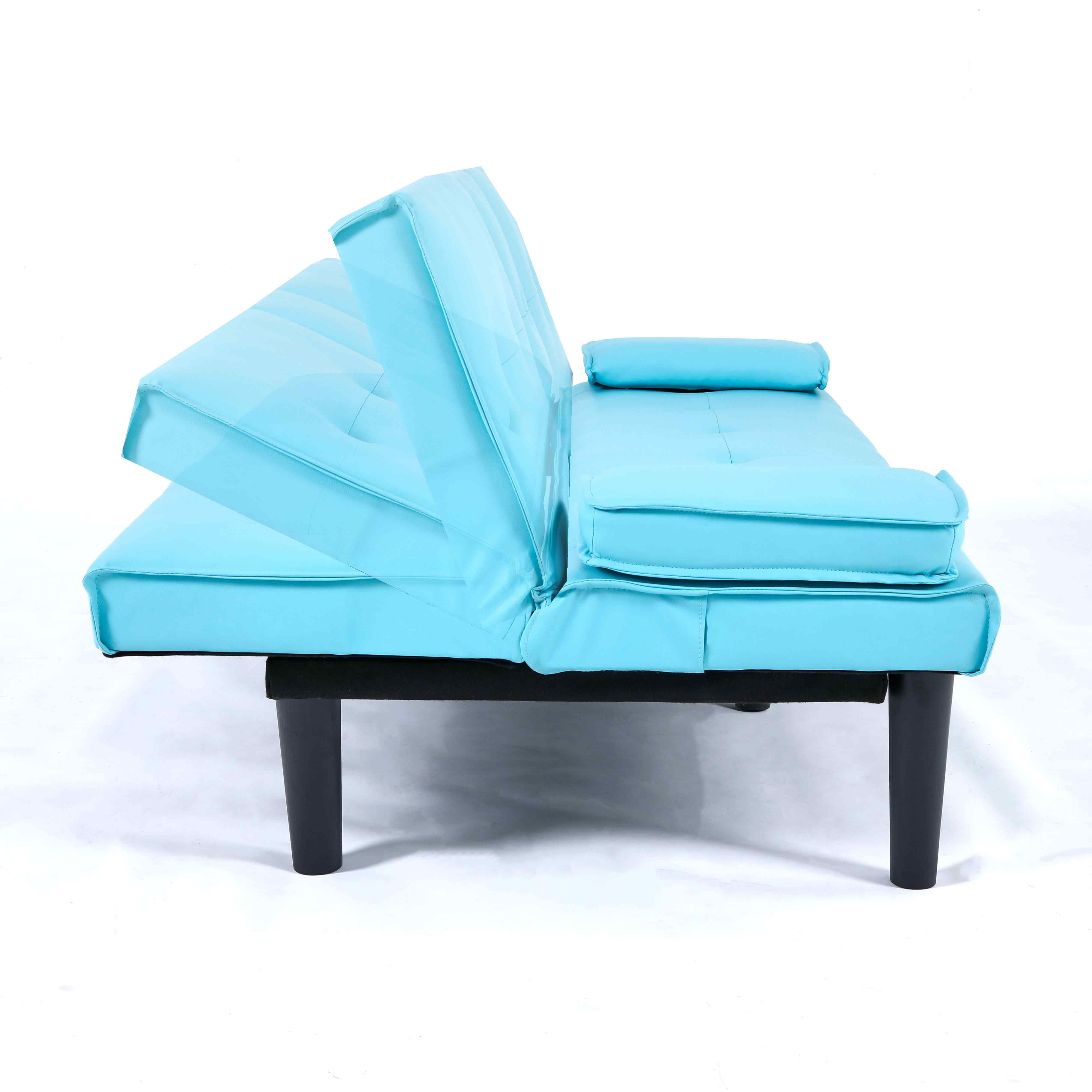 FFH 67" Futon with Cup Holders for Office, Living Room, Blue PVC