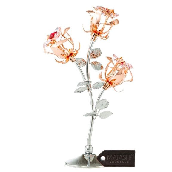 Matashi Rose Gold & Chrome Metal Flower Figurine with Red & Pink Crystals – Valentine’s Day Gift for Her, Elegant Tabletop Décor for Wife or Women