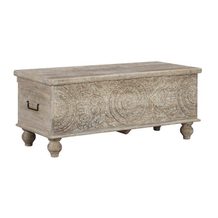 Medallion Pattern Wooden Storage Bench with Hinged Opening  White