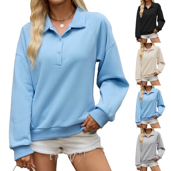 Golf Collar Sweatshirt For Women, Fleece Lined Long Sleeve Raglan Tops, Teen Fall Casual Basic Loose Fit Pullover Shirts S-XXL