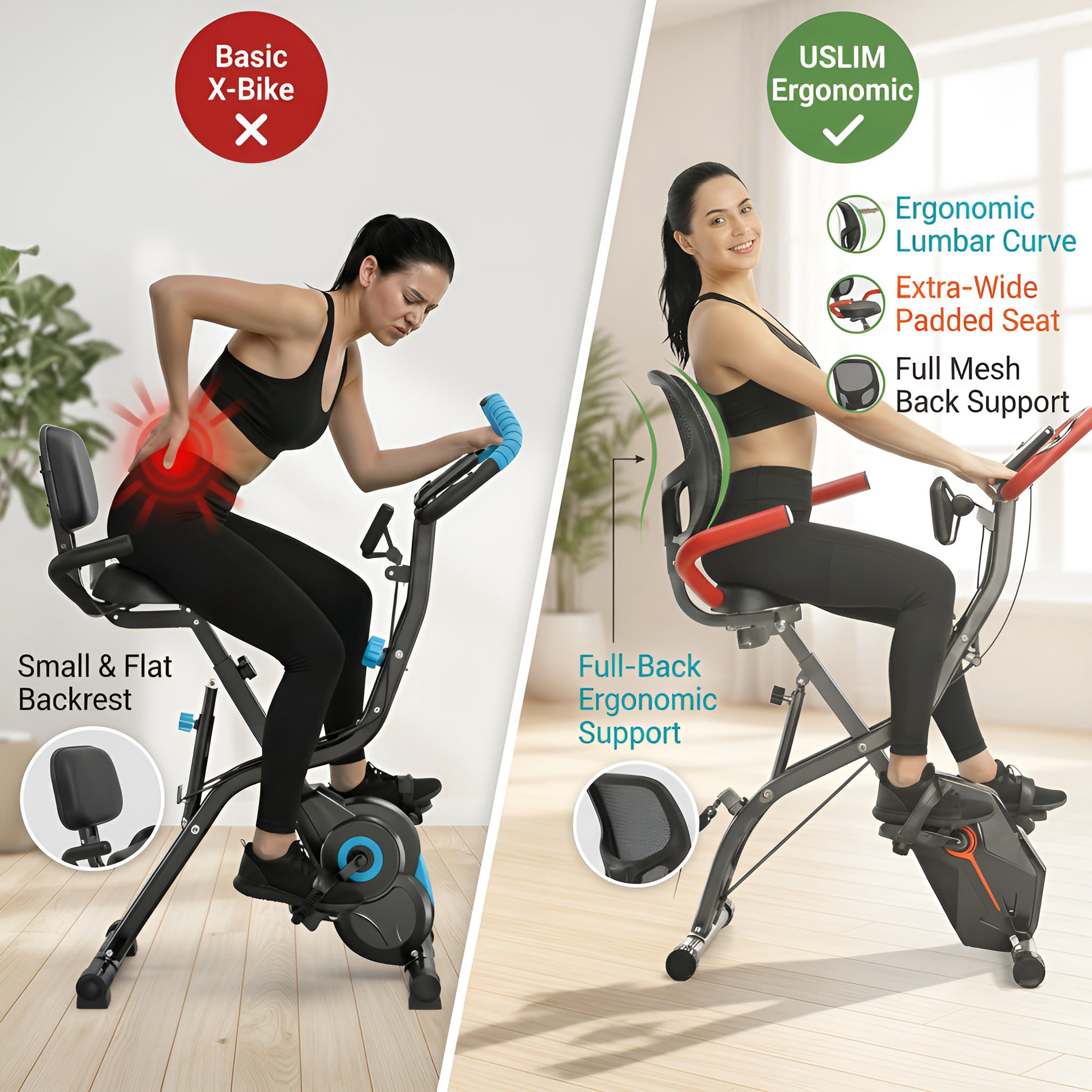 USLIM Foldable Stationary Exercise Bike for Home Workout, Indoor Cycling Design, Mesh Backrest, Wide Seat, Arm Resistance Bands, 300 lb Capacity, Red