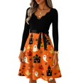 thumbnail image 5 of Women's Halloween Dress Pumpkin Printed V-Neck Cute Tea Length Dress Candy 1950s Long Sleeve Horror Dresses with Belt L, 5 of 7