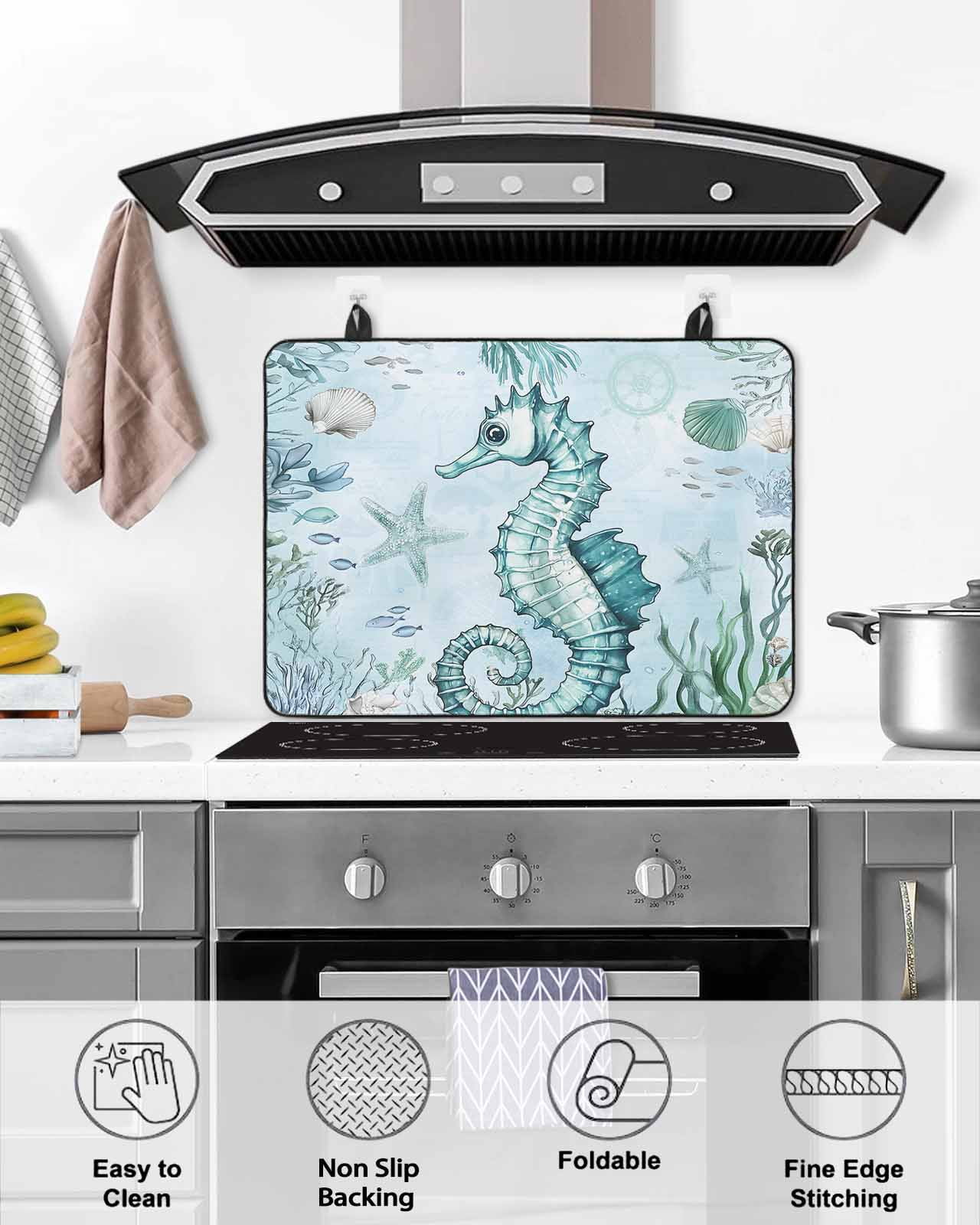 nqOlkjepod Large Induction Cooktop Protector Mat 24"x21", Coastal Seahorse Stove Top Covers for Electric Stove, Ocean Nautical Starfish Seashells Coral Stove Burner Cover Mats, Glass Top Stove Cover