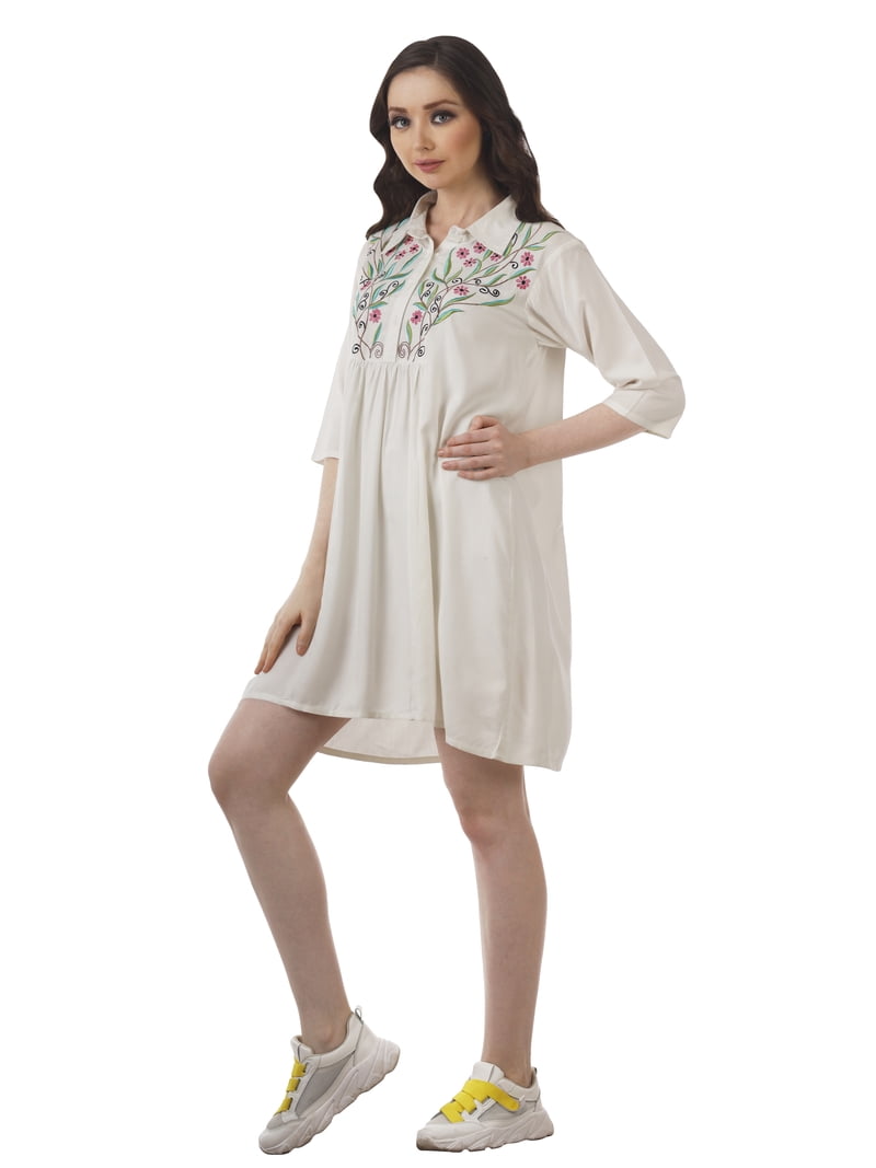 rayon mini dress Women's Rayon White Mini Dress With Lace Inset Detail XS