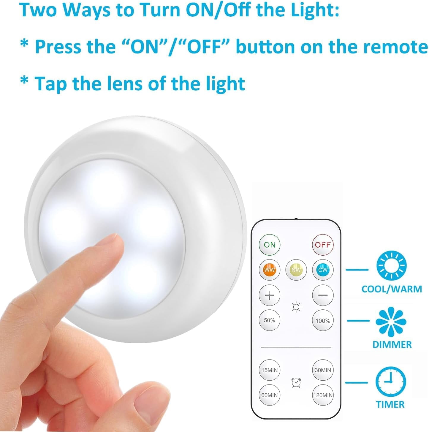 JJEAN-Wireless LED Puck Lights with Remote Control, AA-1030 Battery Operated Lights with 3 AA Batteries, Stick on LED Under Cabinet Lighting with Timer& Dimmable, Cool White and Warm White (3 Pack)