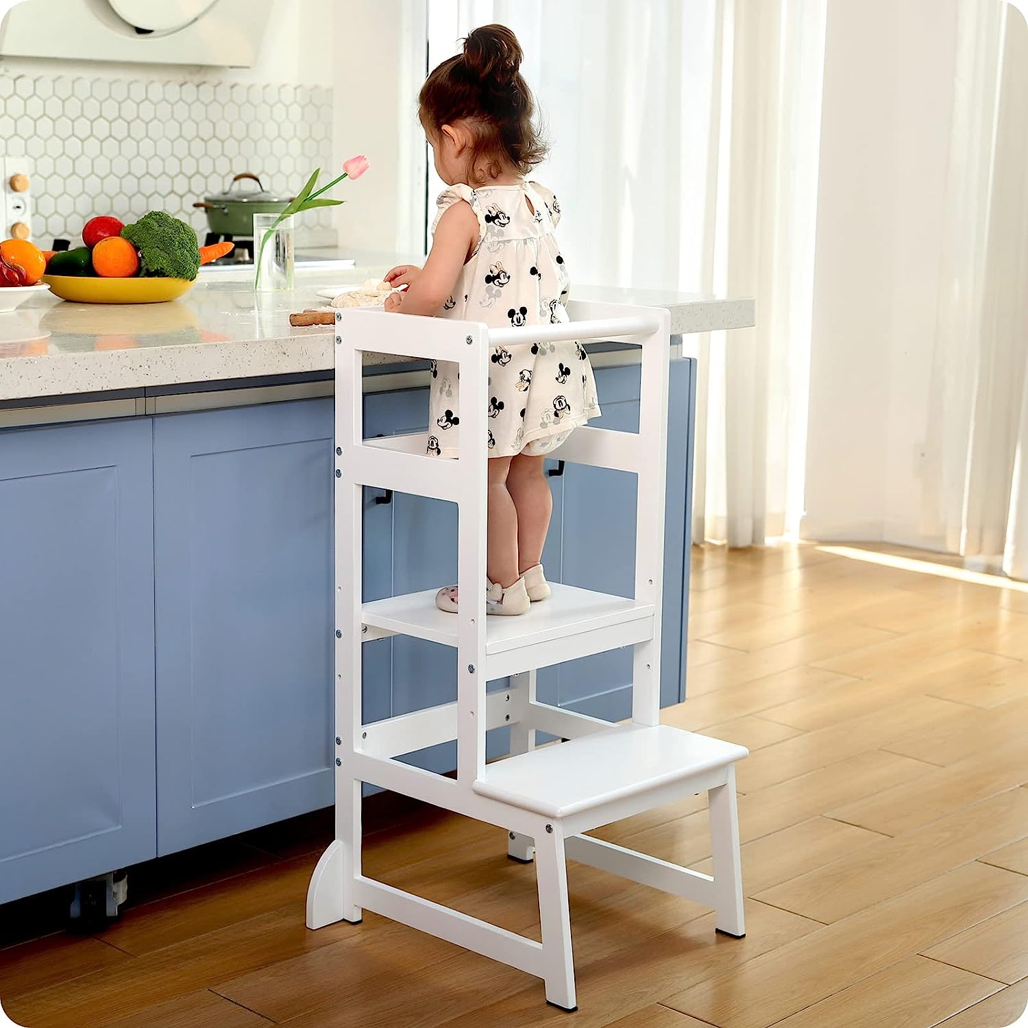 Kids Kitchen Step Stool for Kids with Safety Rail Solid Wood