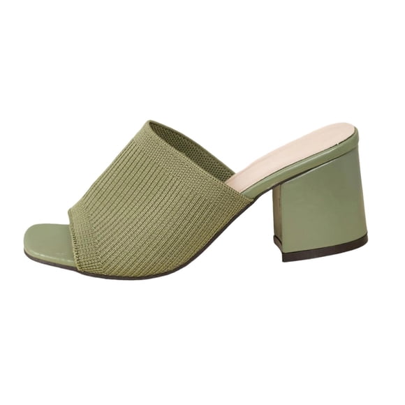 Women's Knit Block Heel Mules, Comfortable Open Toe Slip on Slippers, Breathable Summer Dress Sandals, Chunky Heels for Casual Work, Evening
