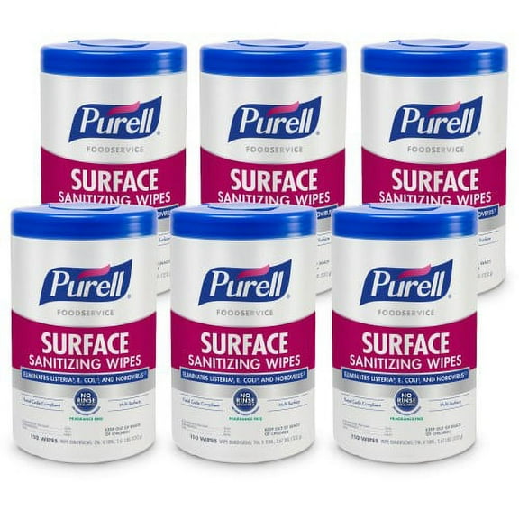 PURELL Foodservice Surface Sanitizing Wipes, 1-Ply, 10 x 7, Fragrance-Free, White, 110/Canister, 6 Canisters/Carton