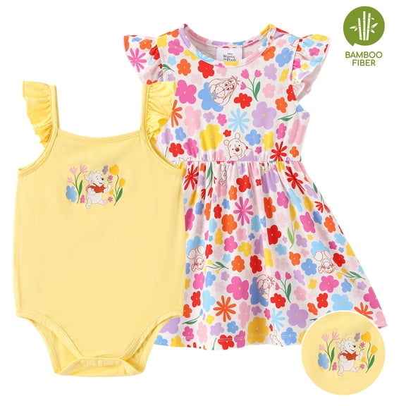 Disney Winnie the Pooh Baby Girls Clothes Bamboo Viscose Floral Dress and Graphic Bodysuit 2 Pack Outfit Shower Gift Newborn 0-3 Months