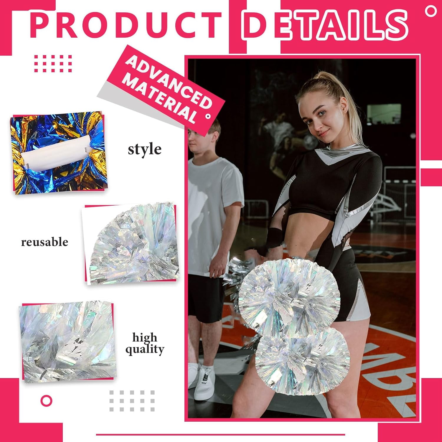 12 PCS pom poms Cheerleading,13.8inch Sports Team Spirits Cheering Squad Dance Training with Handle