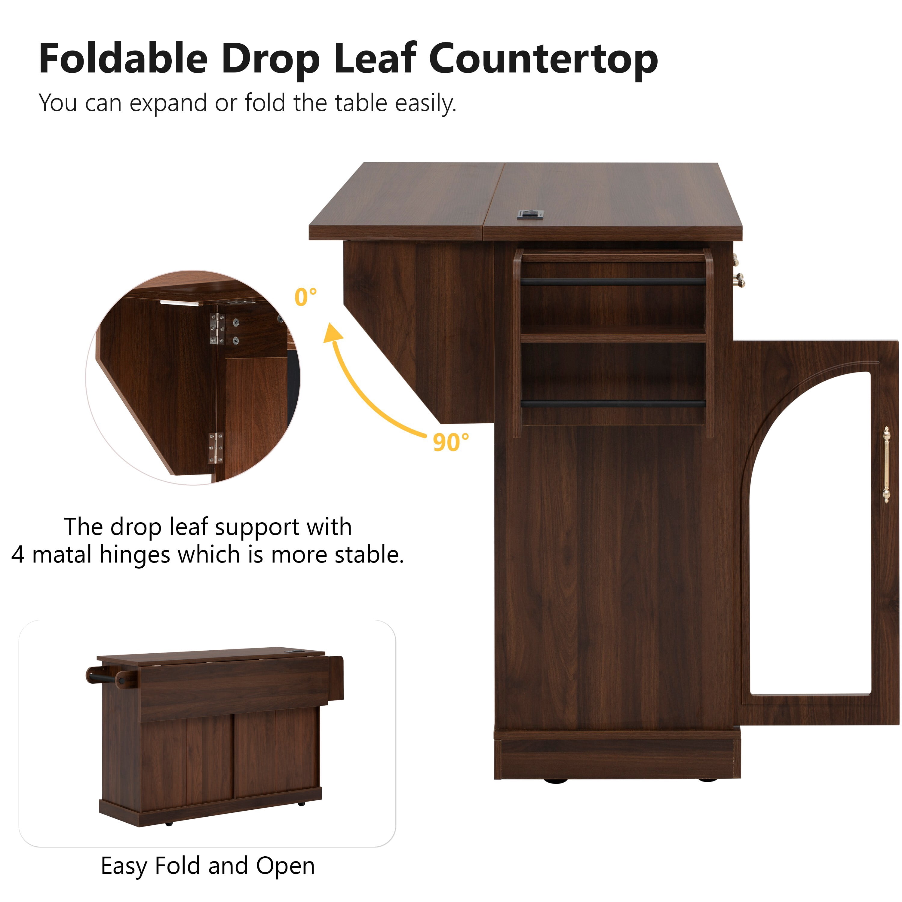 Euroco 65" Kitchen Island with Storage & Drop Leaf, Rolling Kitchen Cart on Wheels with Arched Glass Doors,4 Drawers, Spice Rack & Towel Rack,Portable Island Table for Dining Room,Walnut Brown