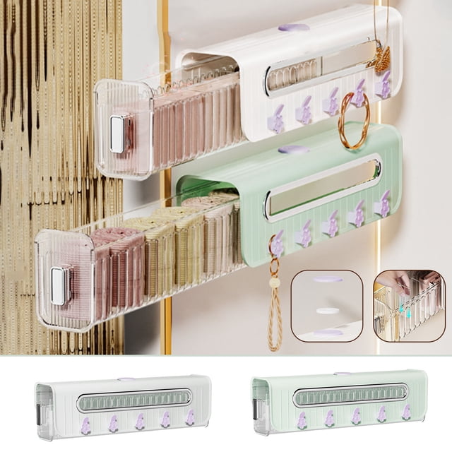 Organizador de armario montado en la pared - Almacenamiento 3 en 1 para calcetines y ropa interior con difusor y ganchos para joyería, 14,57x3,27x4,17 pulgadas, plástico blanco/verde