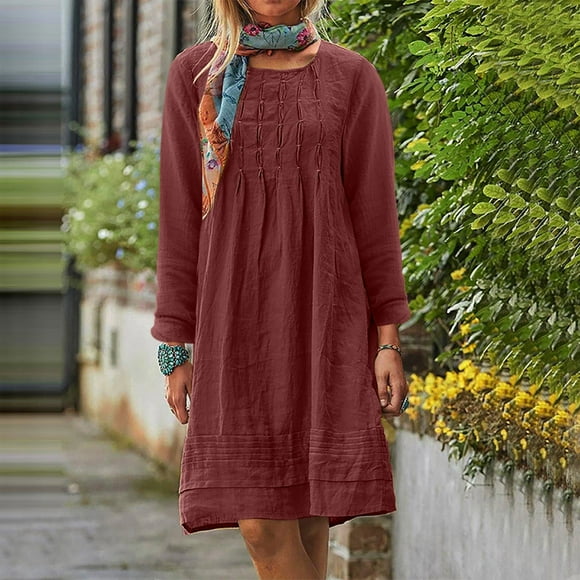 Gspmoly Dresses for Women Plus Size, Women Round Neck Long Sleeved Pleated Solid Linen Loose Fitting Dress Evening Dresses for Women Deals