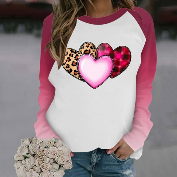 YOTAMI Heart Print Blouse for Women Valentine's Day Print Crew Neck Pullover Loose Fit Long Sleeve Fashion Blouse - Valentine's Gift