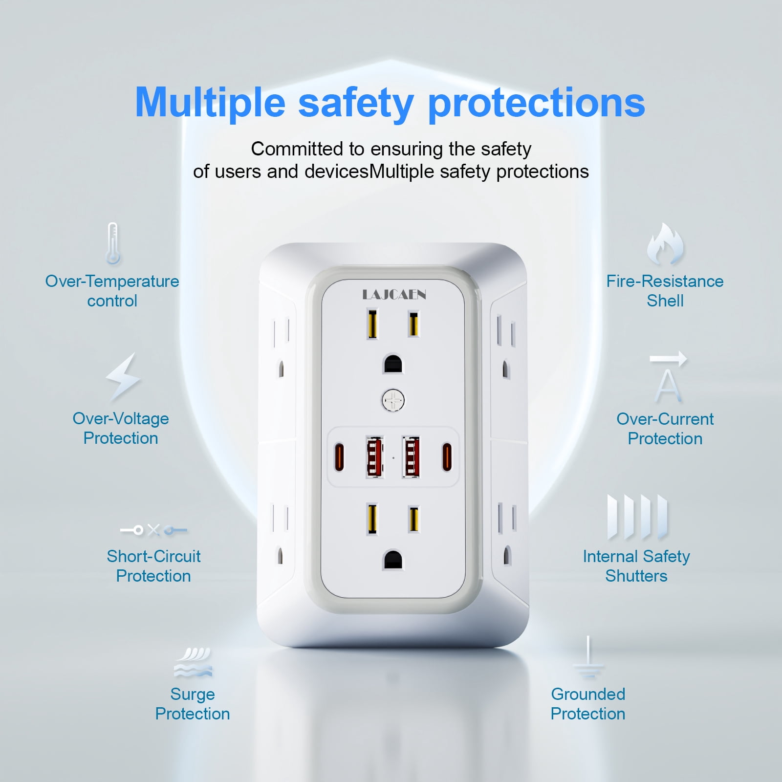Multi Plug Outlet Surge Protector Wall Charger6 Outlet Extender with 4 USB Charging Ports (4.8A Total) 3-Sided 1050J Power Strip Adapter Spaced Outlets for Home Indoor