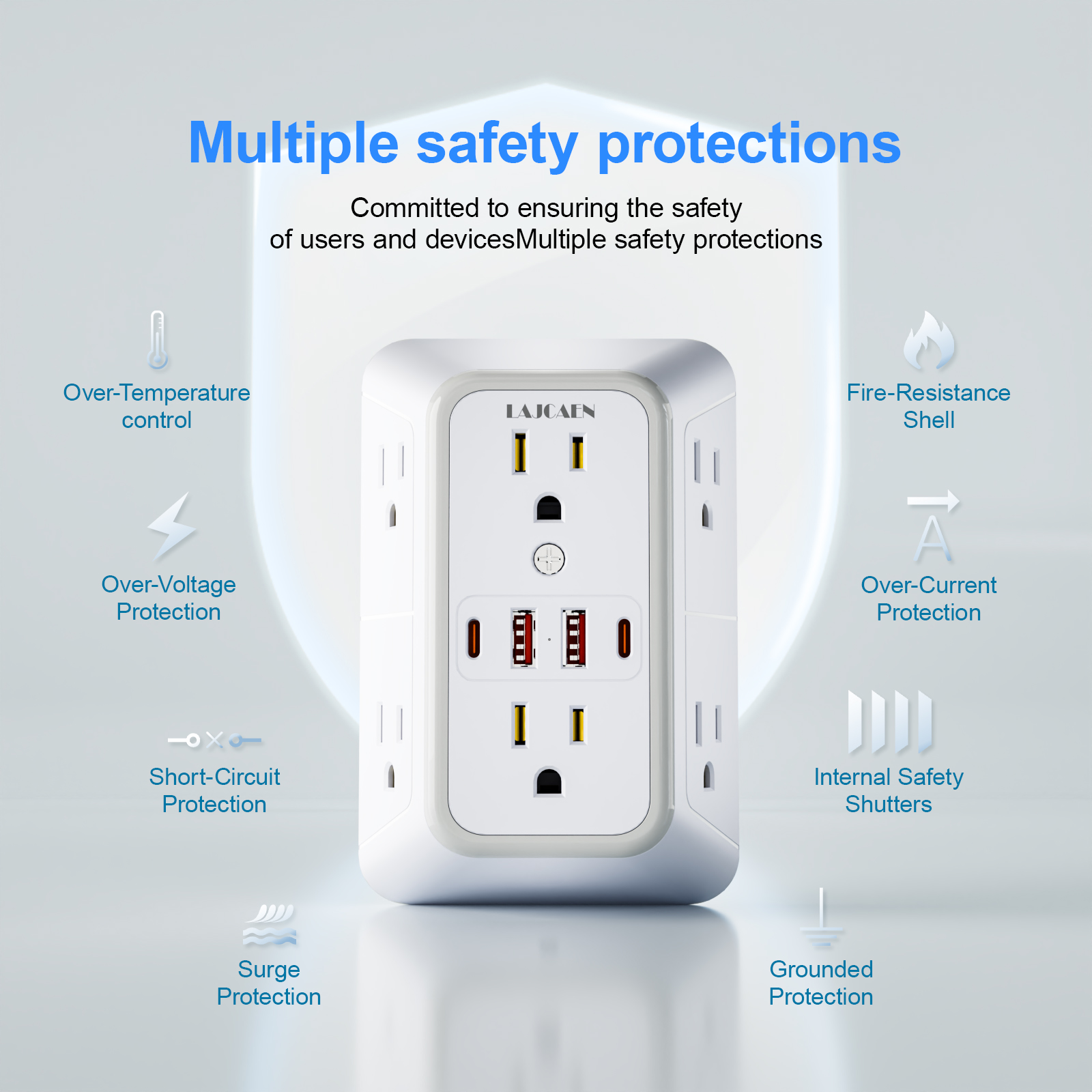 Lajcaen 6-Outlet Surge Protector with 4 USB Ports, White photo 8