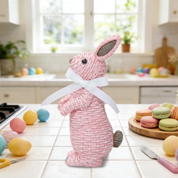 Cheapark Decorative resin easter bunny figurine woven rattan effect with bow detail for home decor