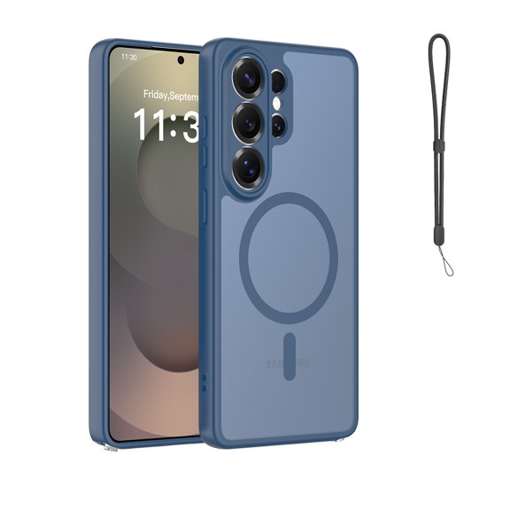 Mynvo Case for Samsung Galaxy S26 Ultra with Wrist Strap, Support Wireless Charging Non-Slip Hard PC TPU Ptrotective Case Cover Anti-Fingerprint Shockproof Bumper for Women Men, Blue