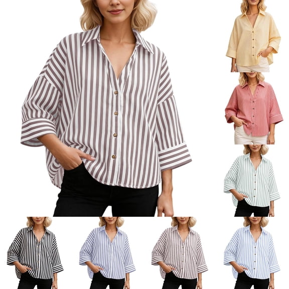Blouses for Women Dressy Casual Slim Linen Long Sleeve Shirt Striped Casual Blouse Outfits