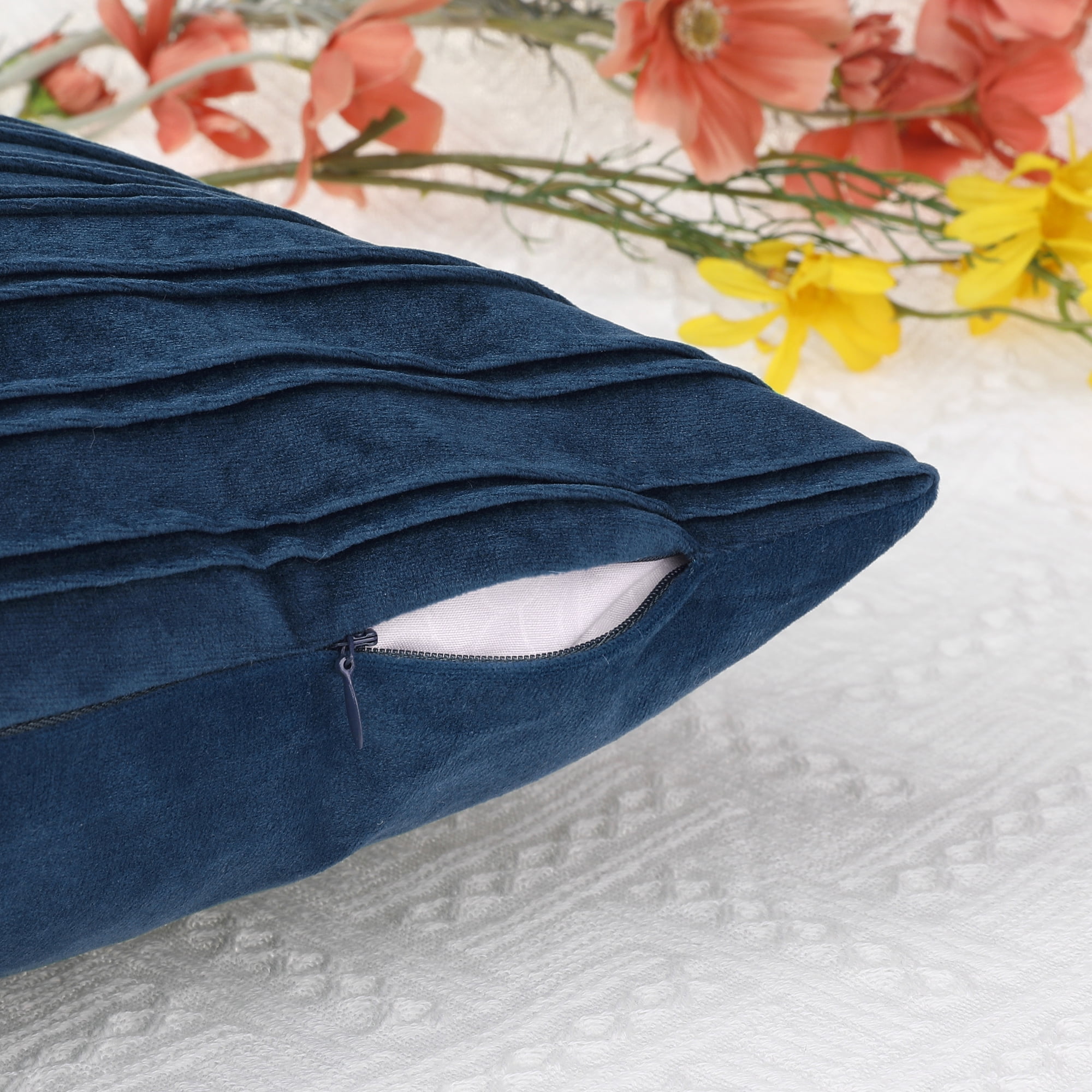 Unique Bargains 4 Pcs Velvet Striped Throw Pillow Covers Pleated Front Cushion Covers Blue/Green 18" x 18"